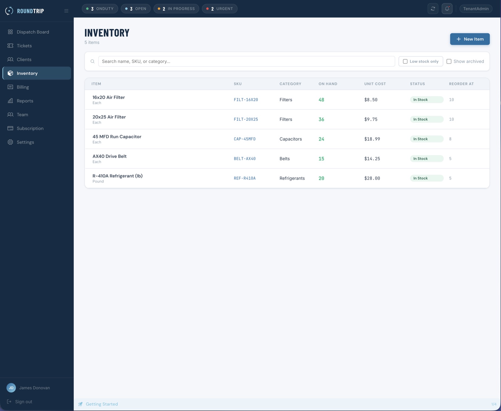 Field inventory screen showing the parts catalog and stock levels